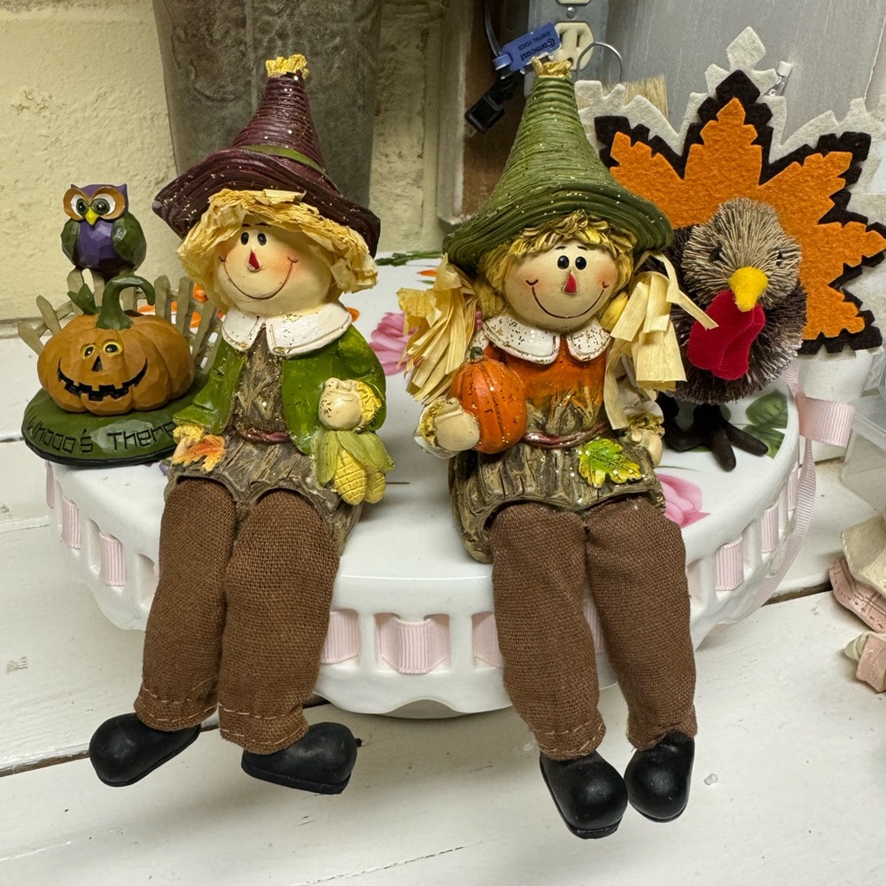 Fall Decor Smiling Scarecrow 6” Resin Decorative Shelf Sitter Figurine Set 2